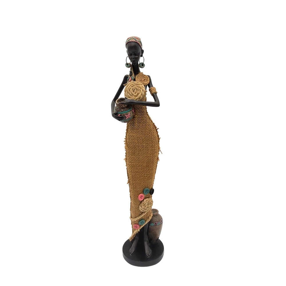 African Tribal Woman Figurine Statue Burlap Dress‎ Raffia Accents Decor